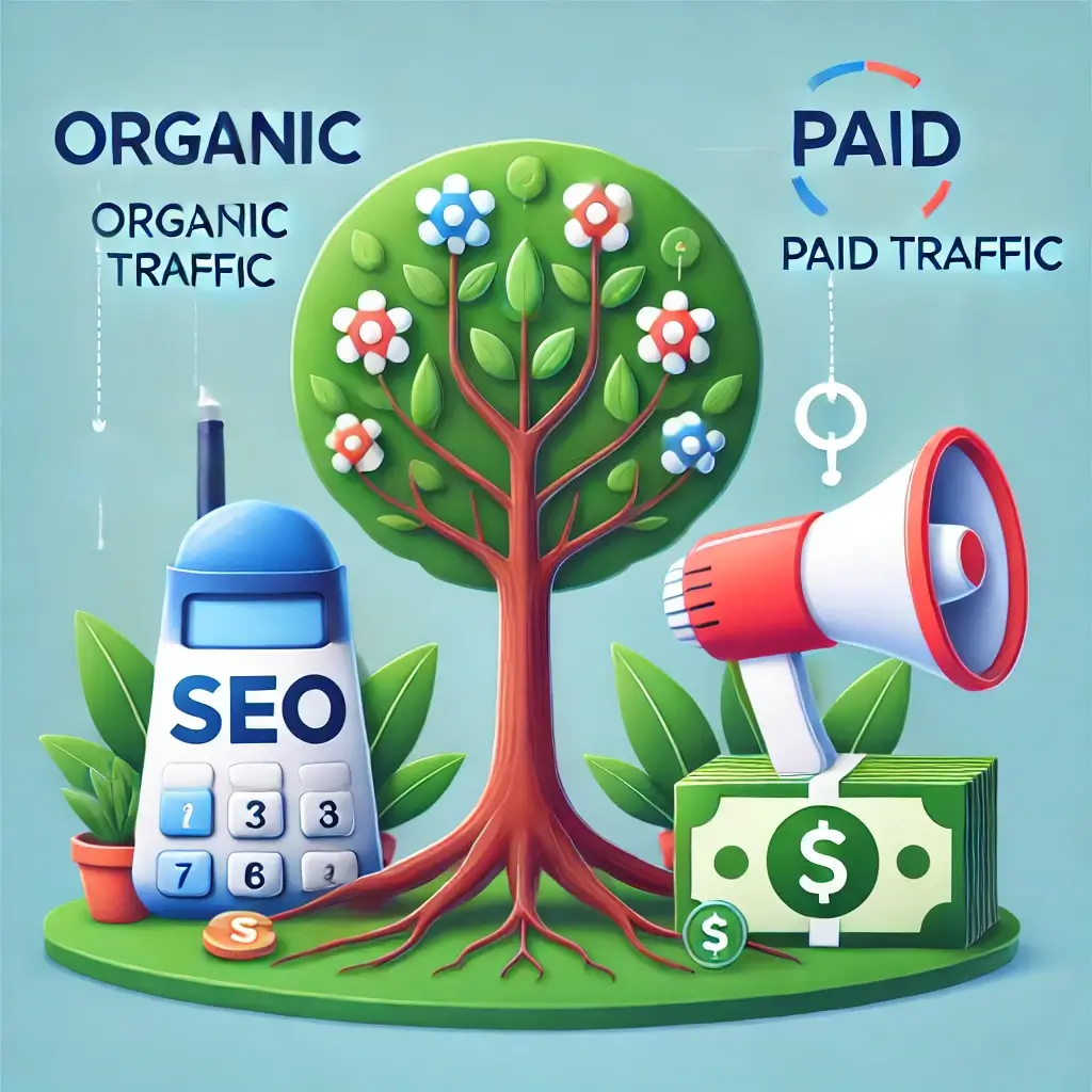 DALL·E 2024-09-06 13.46.25 - A comparison image representing organic traffic vs paid traffic. On one side, depict a growing tree with roots symbolizing organic growth and SEO, whi