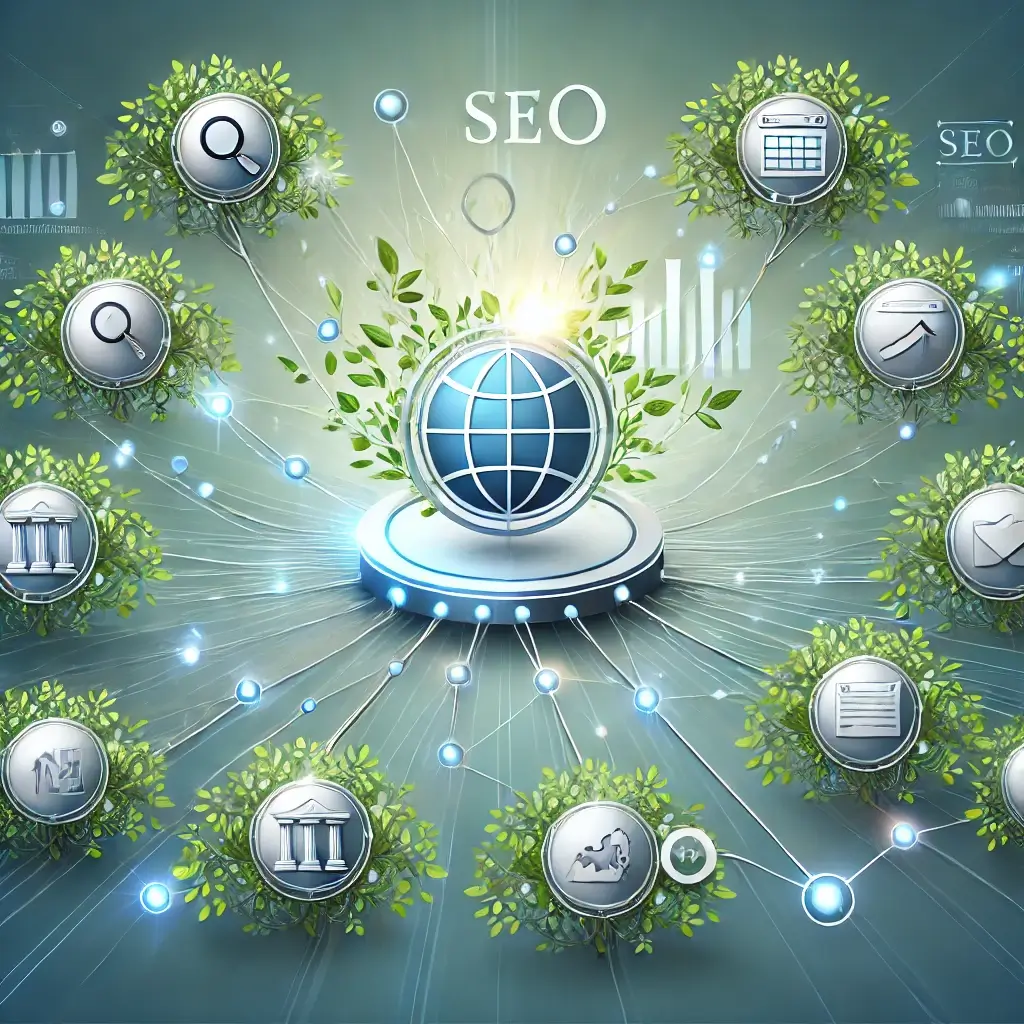 DALL·E 2024-09-12 14.44.04 - A detailed illustration representing the concept of natural backlinks for SEO. The image shows a central website with a sleek, modern design, connecte