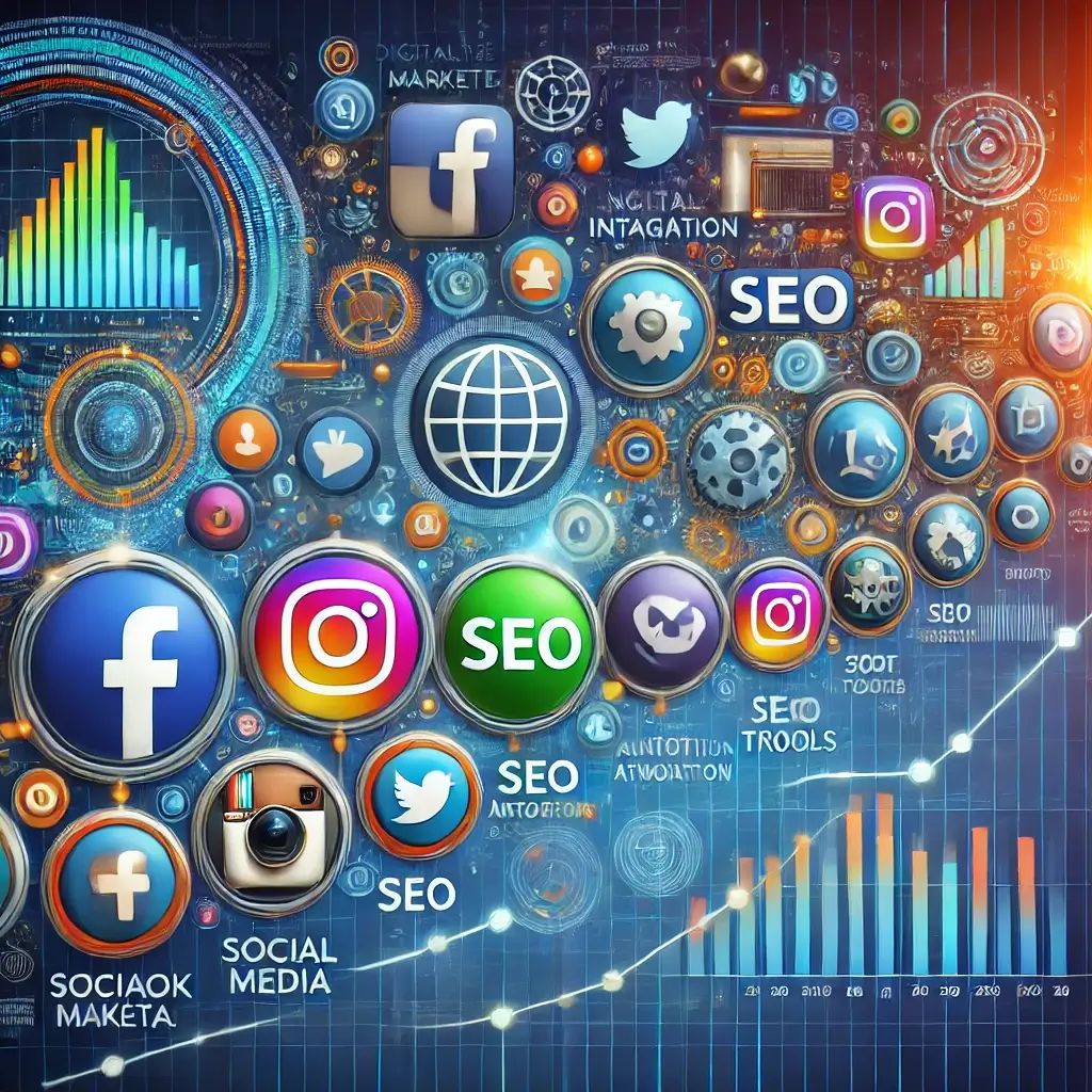 DALL·E 2024-09-16 15.21.14 - An image representing the evolution of digital marketing over the last 10 years. It includes elements like social media icons (Facebook, Instagram, Tw